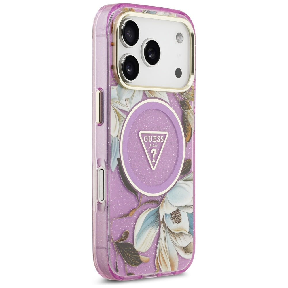 Husa MagSafe za Apple iPhone 17 Pro, Guess, IML Metal Glitter Flowers Triangle, Ljubičasta