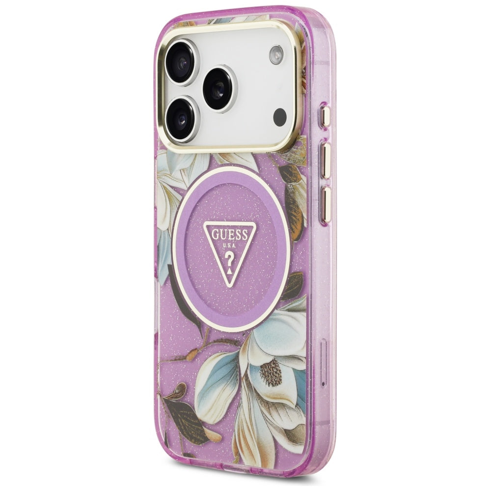 Husa MagSafe za Apple iPhone 17 Pro, Guess, IML Metal Glitter Flowers Triangle, Ljubičasta
