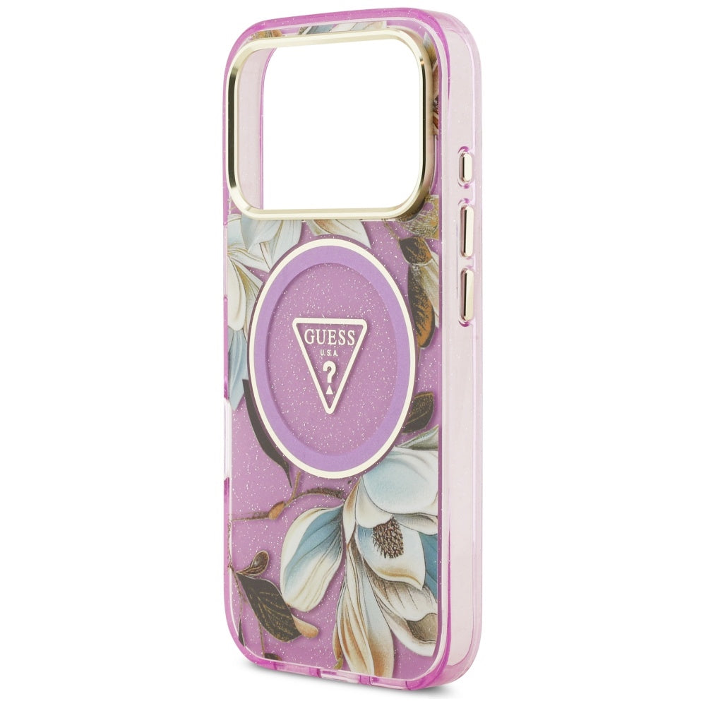 Husa MagSafe za Apple iPhone 17 Pro, Guess, IML Metal Glitter Flowers Triangle, Ljubičasta