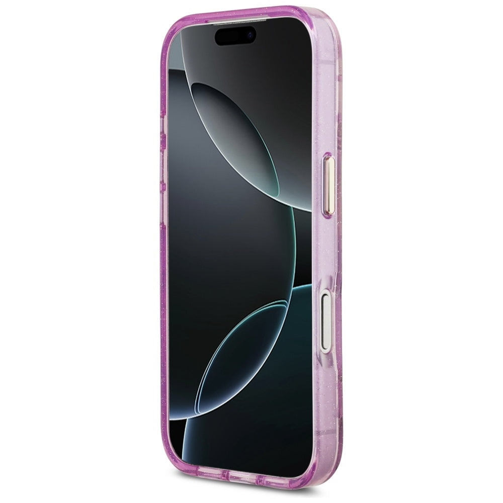 Husa MagSafe za Apple iPhone 17 Pro, Guess, IML Metal Glitter Flowers Triangle, Ljubičasta
