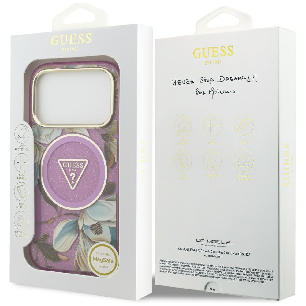 Husa MagSafe za Apple iPhone 17 Pro, Guess, IML Metal Glitter Flowers Triangle, Ljubičasta