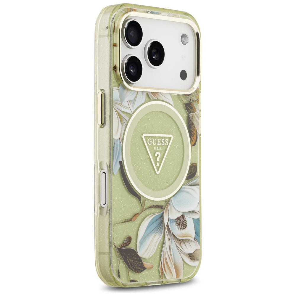 MagSafe futrola za Apple iPhone 17 Pro, Guess, IML Metal Glitter Flowers Triangle, Zelena