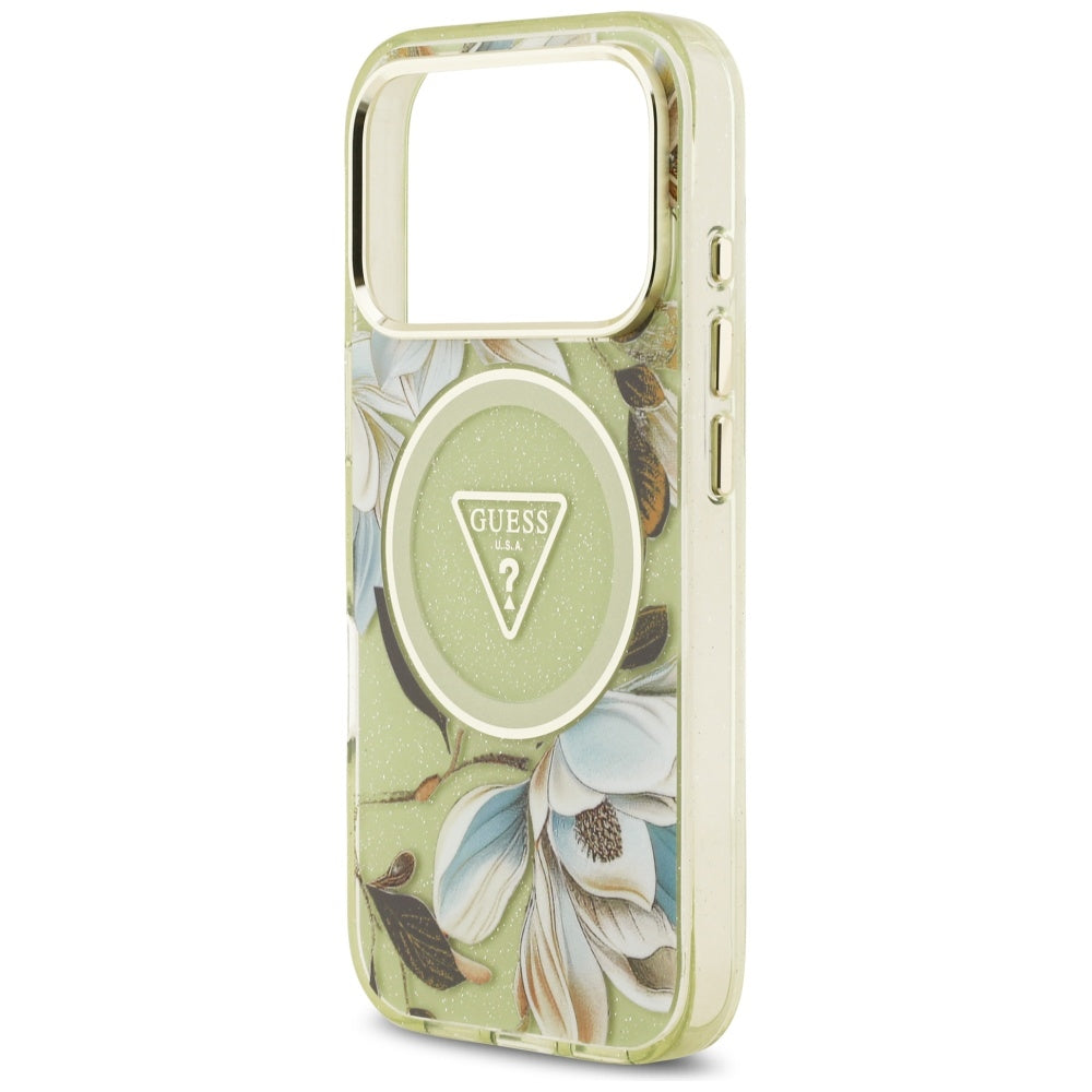 MagSafe futrola za Apple iPhone 17 Pro, Guess, IML Metal Glitter Flowers Triangle, Zelena