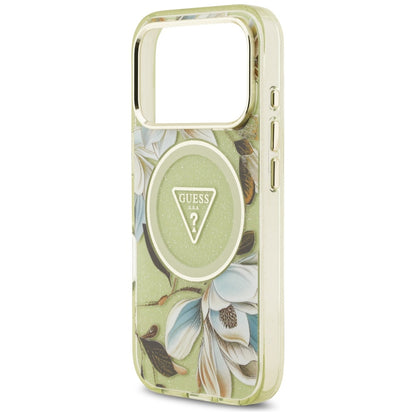 MagSafe futrola za Apple iPhone 17 Pro, Guess, IML Metal Glitter Flowers Triangle, Zelena