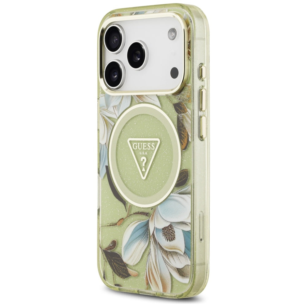 MagSafe futrola za Apple iPhone 17 Pro, Guess, IML Metal Glitter Flowers Triangle, Zelena