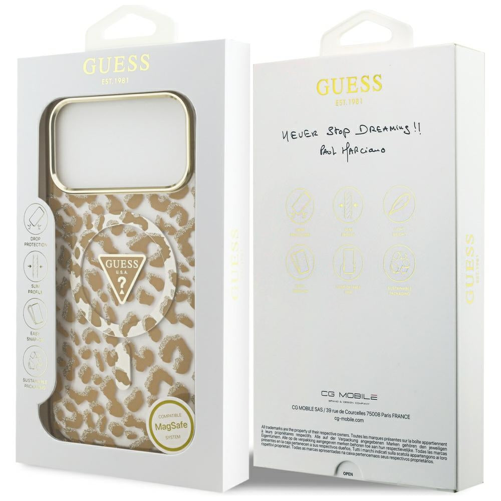 MagSafe torbica za Apple iPhone 17 Pro, Guess, Leopard Glitter, Smeđa