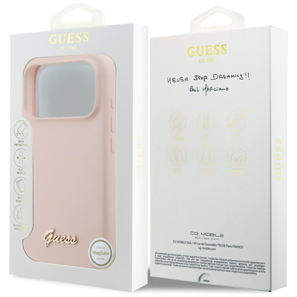 MagSafe futrola za Apple iPhone 17 Pro, Guess, Script Metal Logo, Svijetlo roza