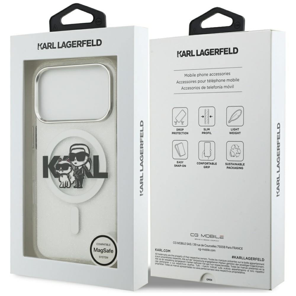 MagSafe futrola za Apple iPhone 17 Pro, Karl Lagerfeld, IML Sketch Logo Glitter Karl & Choupette, Prozirna