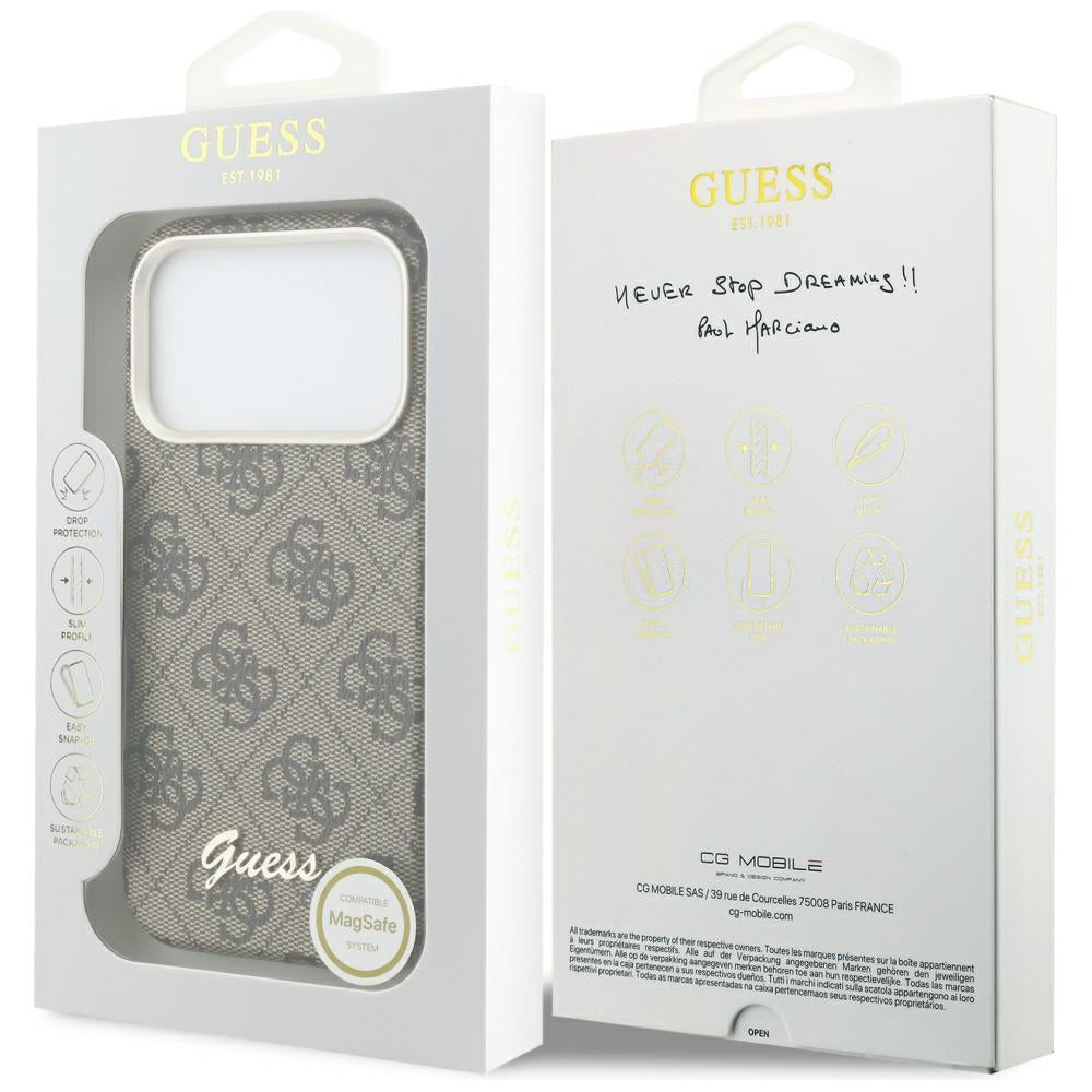 Futrola MagSafe za Apple iPhone 17 Pro Max, Guess, 4G Script Logo, Smeđa