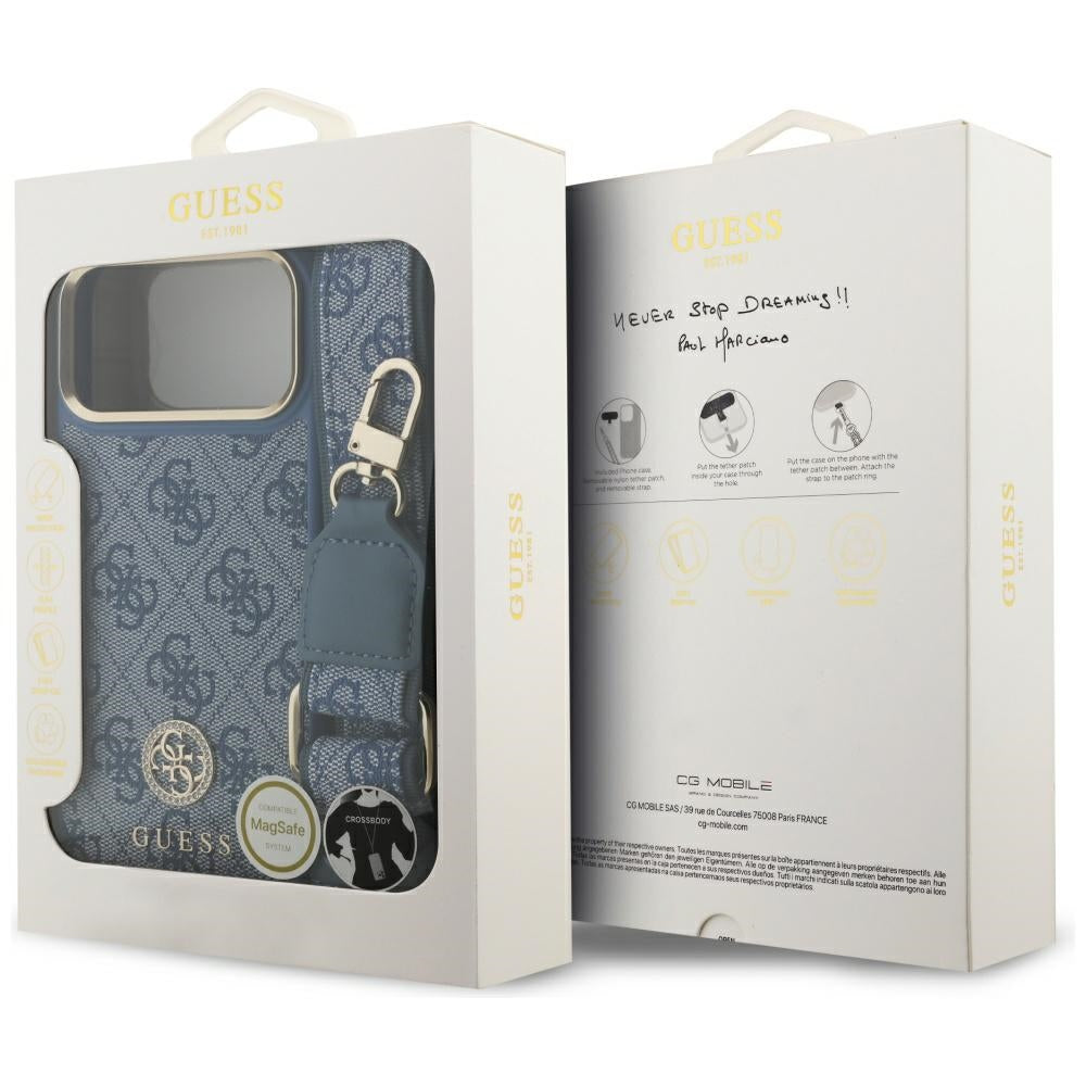 MagSafe futrola za Apple iPhone 17 Pro Max, Guess, 4G Strass Logo with Big Strap, Plava
