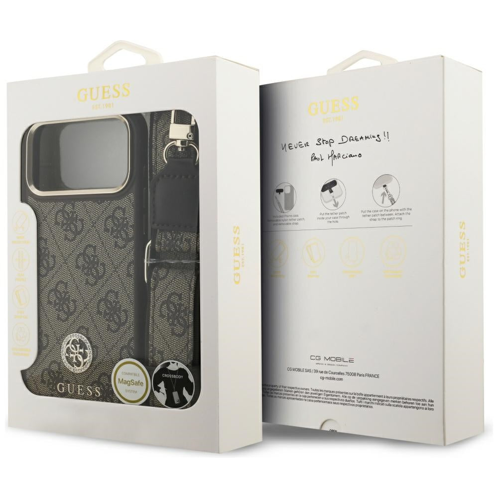 MagSafe futrola za Apple iPhone 17 Pro Max, Guess, 4G Strass Logo with Big Strap, smeđa