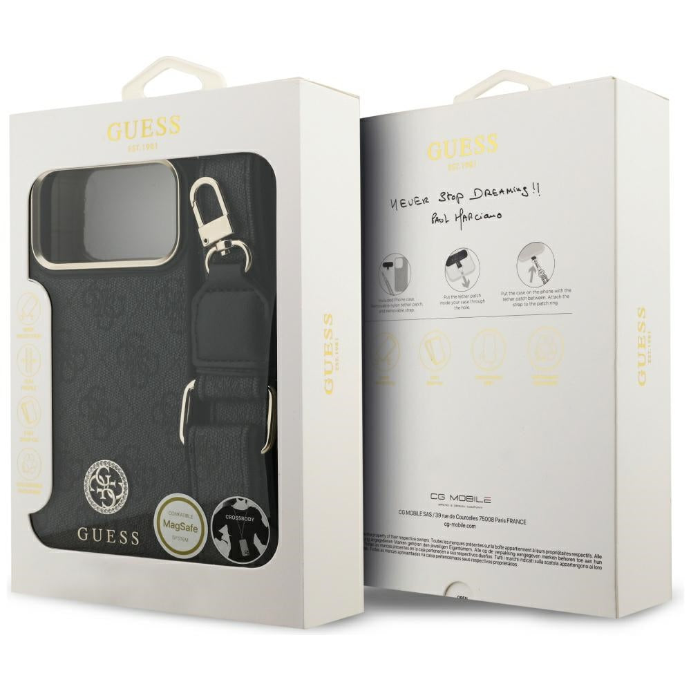 MagSafe futrola za Apple iPhone 17 Pro Max, Guess, 4G Strass Logo with Big Strap, Crna