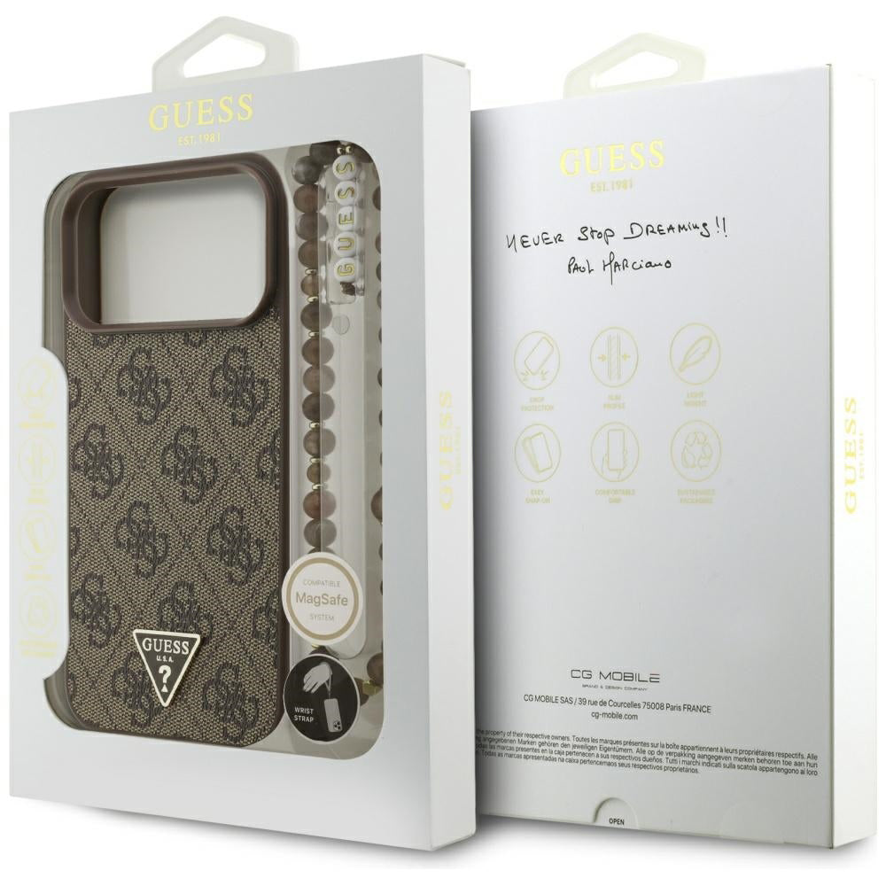 MagSafe futrola za Apple iPhone 17 Pro Max, Guess, 4G Triangle Logo Cord Strap, smeđa