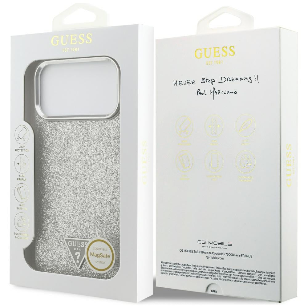Futrola MagSafe za Apple iPhone 17 Pro Max, Guess, Glitter Triangle Logo, Srebrna