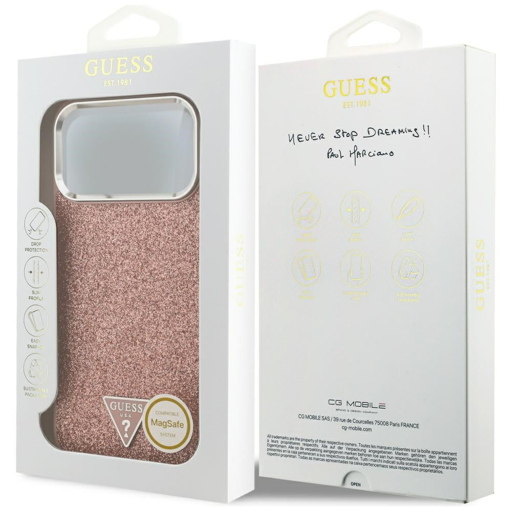MagSafe futrola za Apple iPhone 17 Pro Max, Guess, Glitter Triangle Logo, Roza
