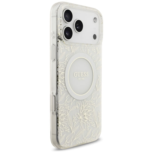 MagSafe futrola za Apple iPhone 17 Pro Max, Guess, IML Flowers Allover Electroplated with Pearl Strap, Bijela