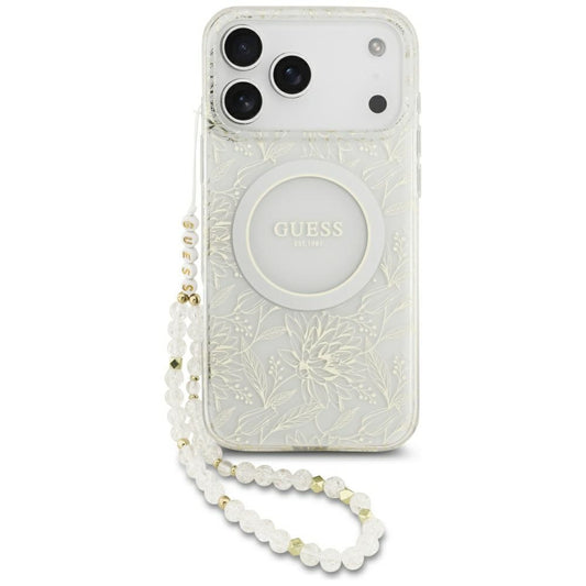 MagSafe futrola za Apple iPhone 17 Pro Max, Guess, IML Flowers Allover Electroplated with Pearl Strap, Bijela