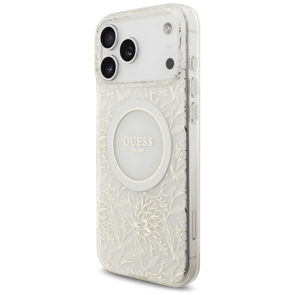 MagSafe futrola za Apple iPhone 17 Pro Max, Guess, IML Flowers Allover Electroplated with Pearl Strap, Bijela