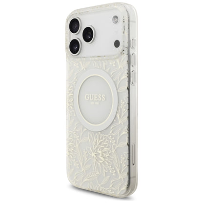MagSafe futrola za Apple iPhone 17 Pro Max, Guess, IML Flowers Allover Electroplated with Pearl Strap, Bijela