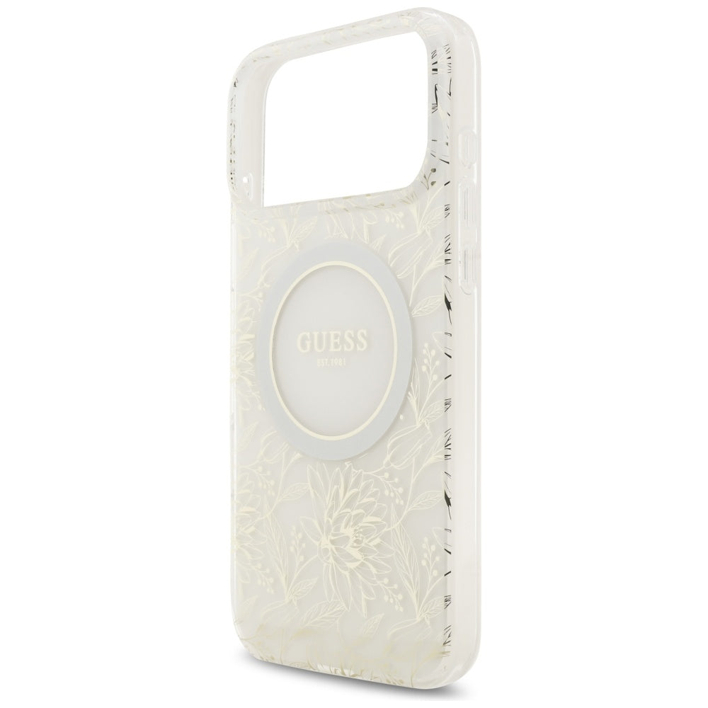 MagSafe futrola za Apple iPhone 17 Pro Max, Guess, IML Flowers Allover Electroplated with Pearl Strap, Bijela