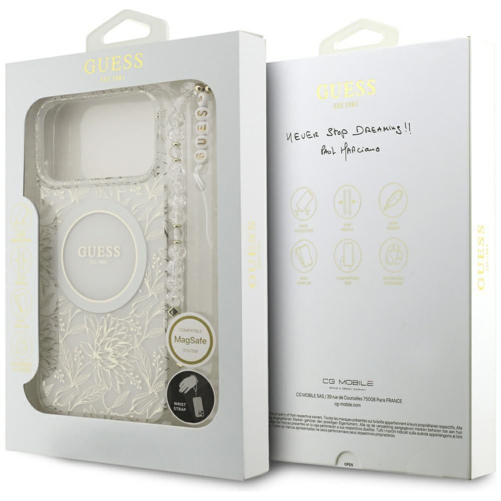 MagSafe futrola za Apple iPhone 17 Pro Max, Guess, IML Flowers Allover Electroplated with Pearl Strap, Bijela