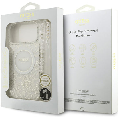 MagSafe futrola za Apple iPhone 17 Pro Max, Guess, IML Flowers Allover Electroplated with Pearl Strap, Bijela