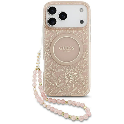 MagSafe torbica za Apple iPhone 17 Pro Max, Guess, IML Flowers Allover Electroplated with Pearl Strap, Roza