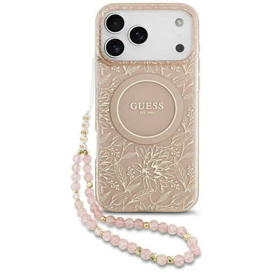 MagSafe torbica za Apple iPhone 17 Pro Max, Guess, IML Flowers Allover Electroplated with Pearl Strap, Roza