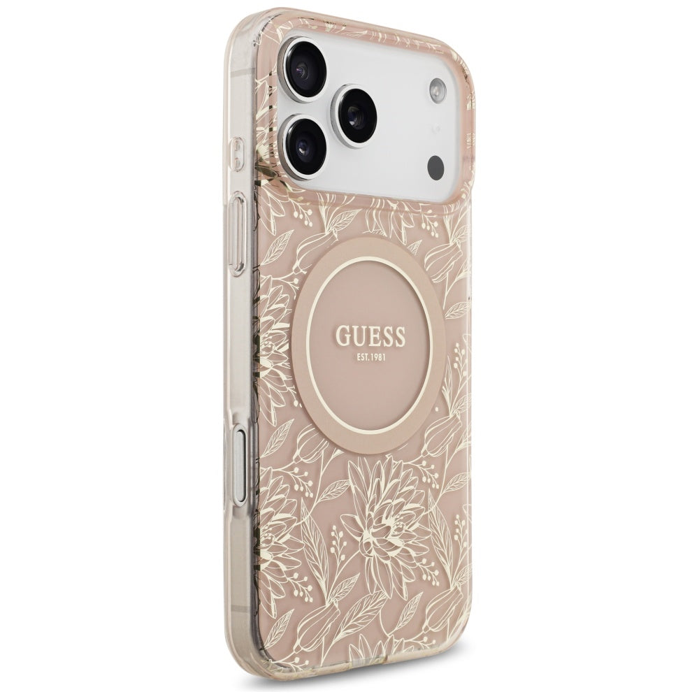 MagSafe torbica za Apple iPhone 17 Pro Max, Guess, IML Flowers Allover Electroplated with Pearl Strap, Roza