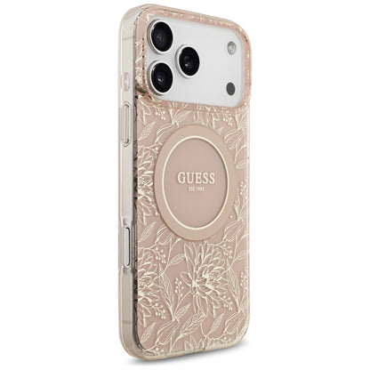 MagSafe torbica za Apple iPhone 17 Pro Max, Guess, IML Flowers Allover Electroplated with Pearl Strap, Roza