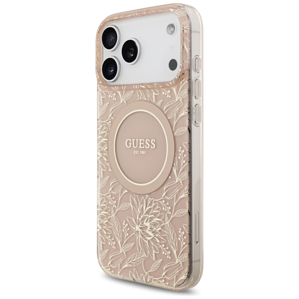 MagSafe torbica za Apple iPhone 17 Pro Max, Guess, IML Flowers Allover Electroplated with Pearl Strap, Roza