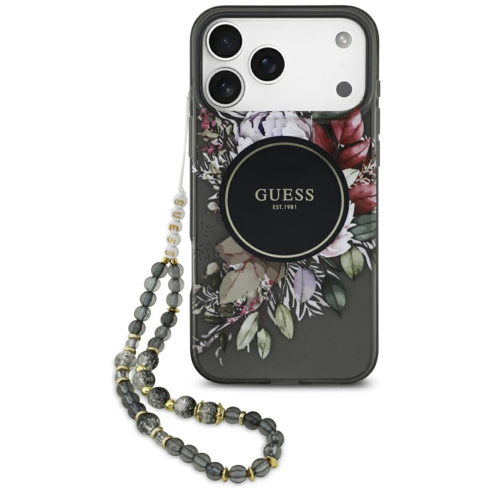 MagSafe futrola za Apple iPhone 17 Pro Max, Guess, IML Flowers with Pearl Strap, Crna
