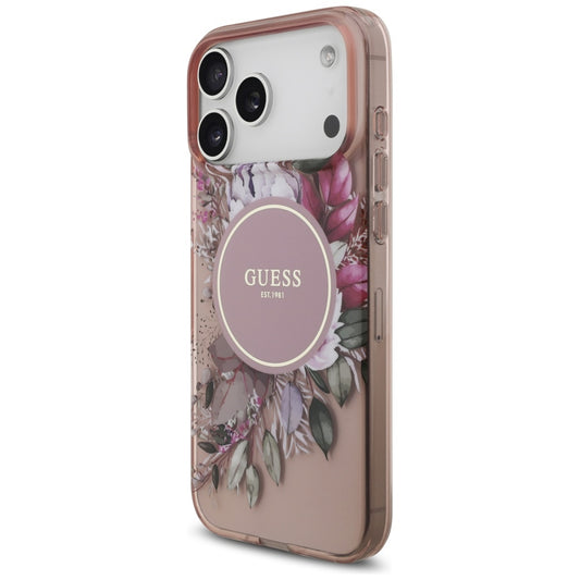 MagSafe torbica za Apple iPhone 17 Pro Max, Guess, IML Flowers with Pearl Strap, Roza