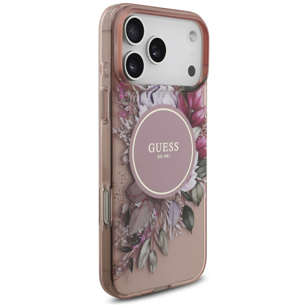 MagSafe torbica za Apple iPhone 17 Pro Max, Guess, IML Flowers with Pearl Strap, Roza