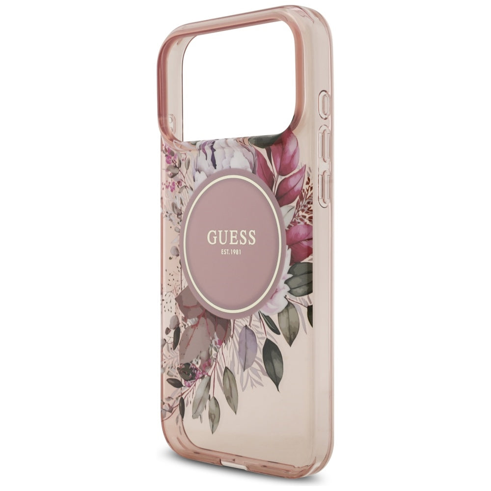 MagSafe torbica za Apple iPhone 17 Pro Max, Guess, IML Flowers with Pearl Strap, Roza