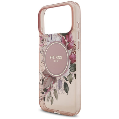 MagSafe torbica za Apple iPhone 17 Pro Max, Guess, IML Flowers with Pearl Strap, Roza
