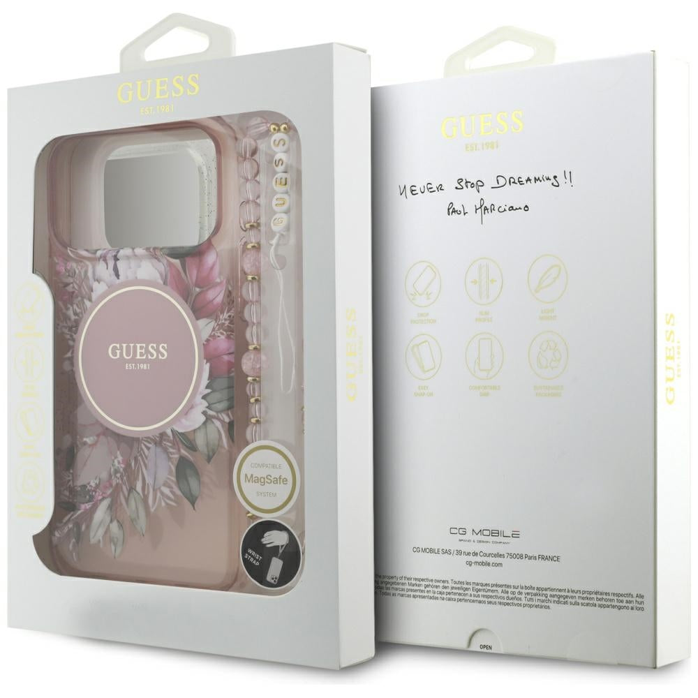 MagSafe torbica za Apple iPhone 17 Pro Max, Guess, IML Flowers with Pearl Strap, Roza