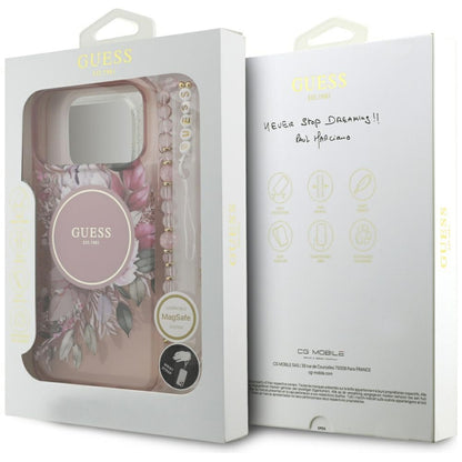MagSafe torbica za Apple iPhone 17 Pro Max, Guess, IML Flowers with Pearl Strap, Roza