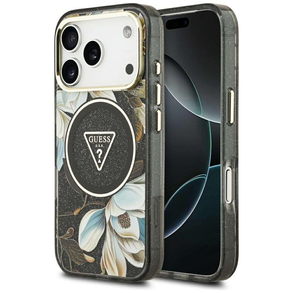 Husa MagSafe za Apple iPhone 17 Pro Max, Guess, IML Metal Glitter Flowers Triangle, Crna