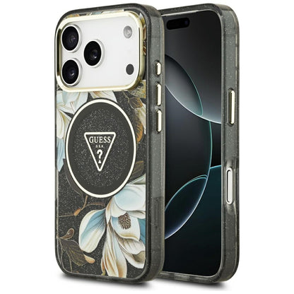 Husa MagSafe za Apple iPhone 17 Pro Max, Guess, IML Metal Glitter Flowers Triangle, Crna