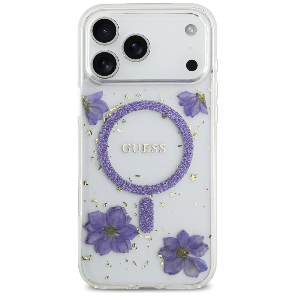 MagSafe torbica za Apple iPhone 17 Pro Max, Guess, Resin Flowers and Glitter, Ljubičasta