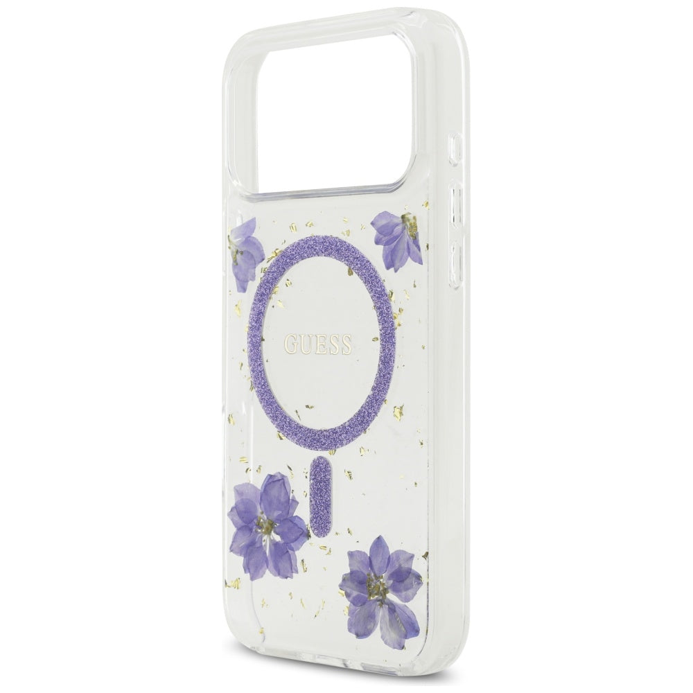 MagSafe torbica za Apple iPhone 17 Pro Max, Guess, Resin Flowers and Glitter, Ljubičasta