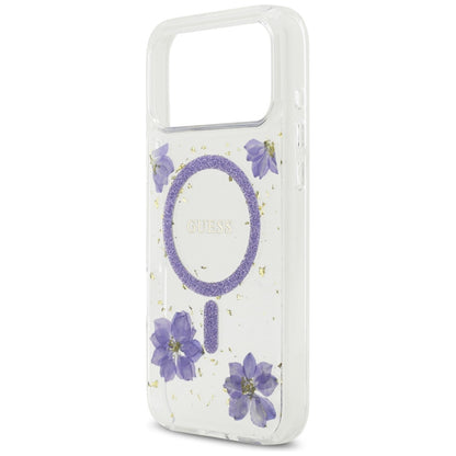 MagSafe torbica za Apple iPhone 17 Pro Max, Guess, Resin Flowers and Glitter, Ljubičasta