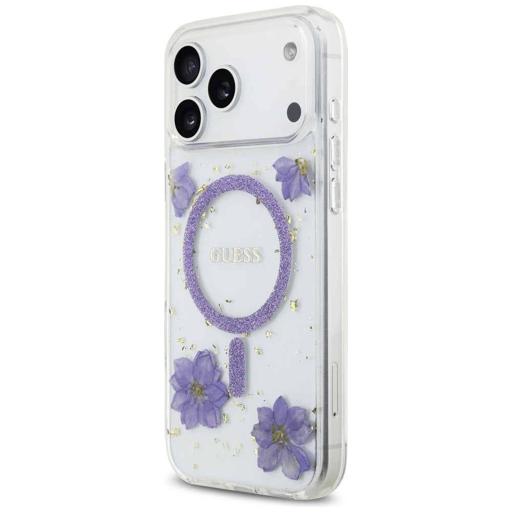 MagSafe torbica za Apple iPhone 17 Pro Max, Guess, Resin Flowers and Glitter, Ljubičasta