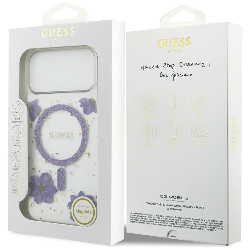 MagSafe torbica za Apple iPhone 17 Pro Max, Guess, Resin Flowers and Glitter, Ljubičasta