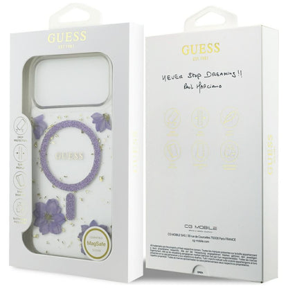 MagSafe torbica za Apple iPhone 17 Pro Max, Guess, Resin Flowers and Glitter, Ljubičasta