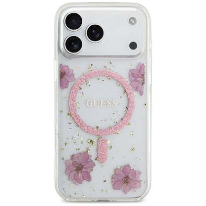 MagSafe torbica za Apple iPhone 17 Pro Max, Guess, Resin Flowers and Glitter, Roza