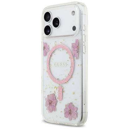 MagSafe torbica za Apple iPhone 17 Pro Max, Guess, Resin Flowers and Glitter, Roza