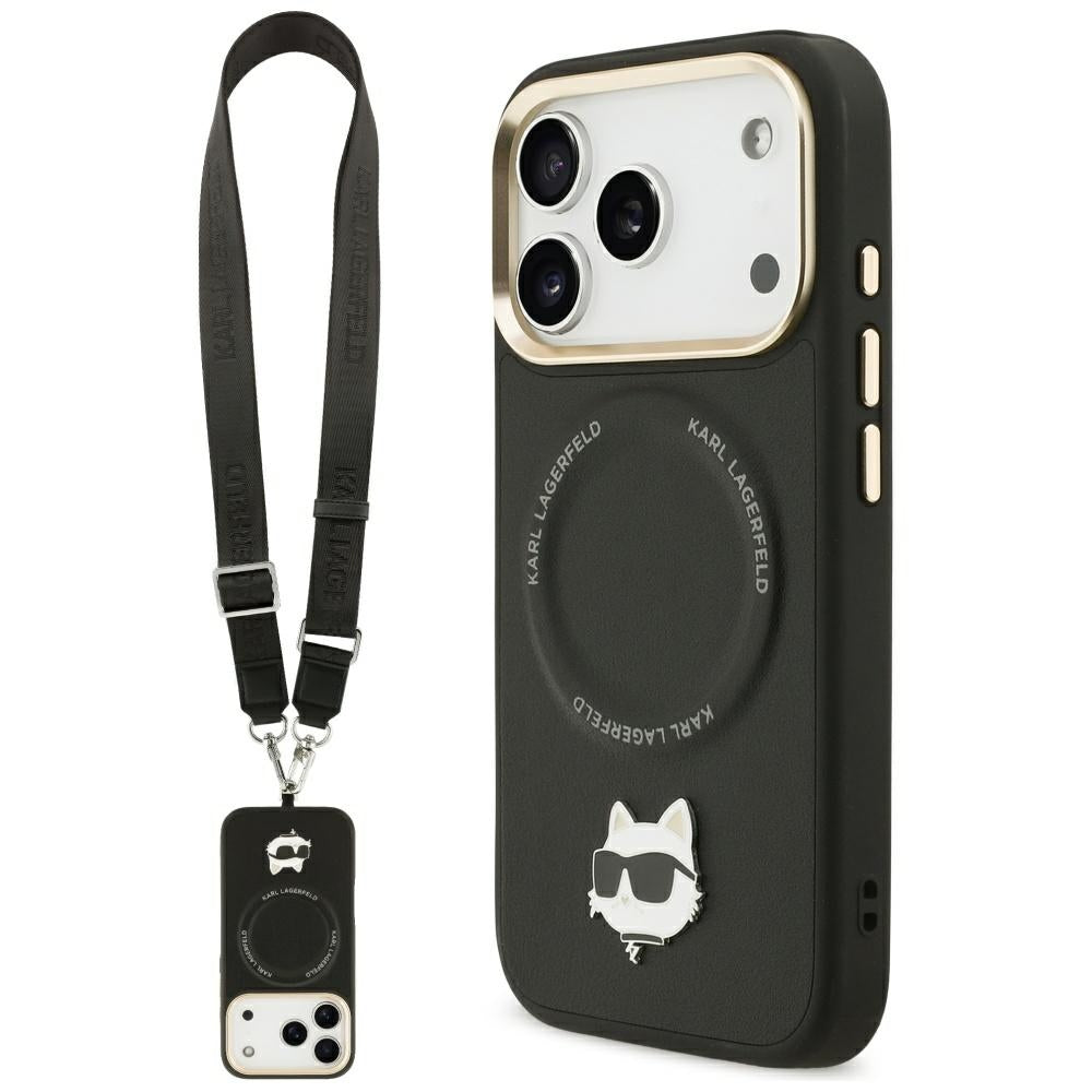 MagSafe futrola za Apple iPhone 17 Pro Max, Karl Lagerfeld, Big Strap Choupette Metal Logo, Crna