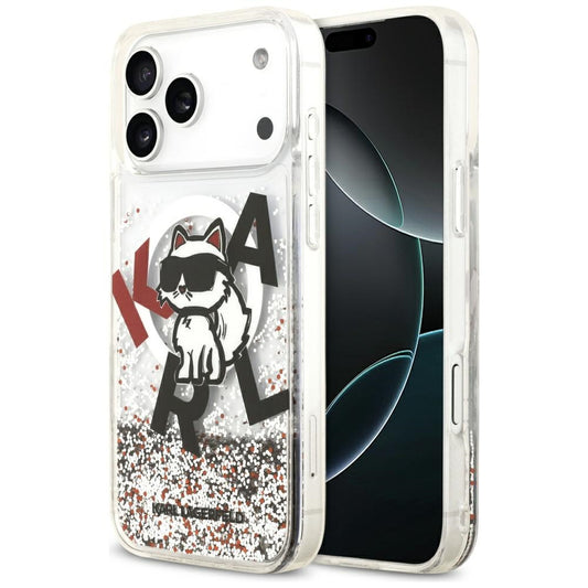 Husa MagSafe za Apple iPhone 17 Pro Max, Karl Lagerfeld, Liquid Glitter Logo Choupette, Prozirna
